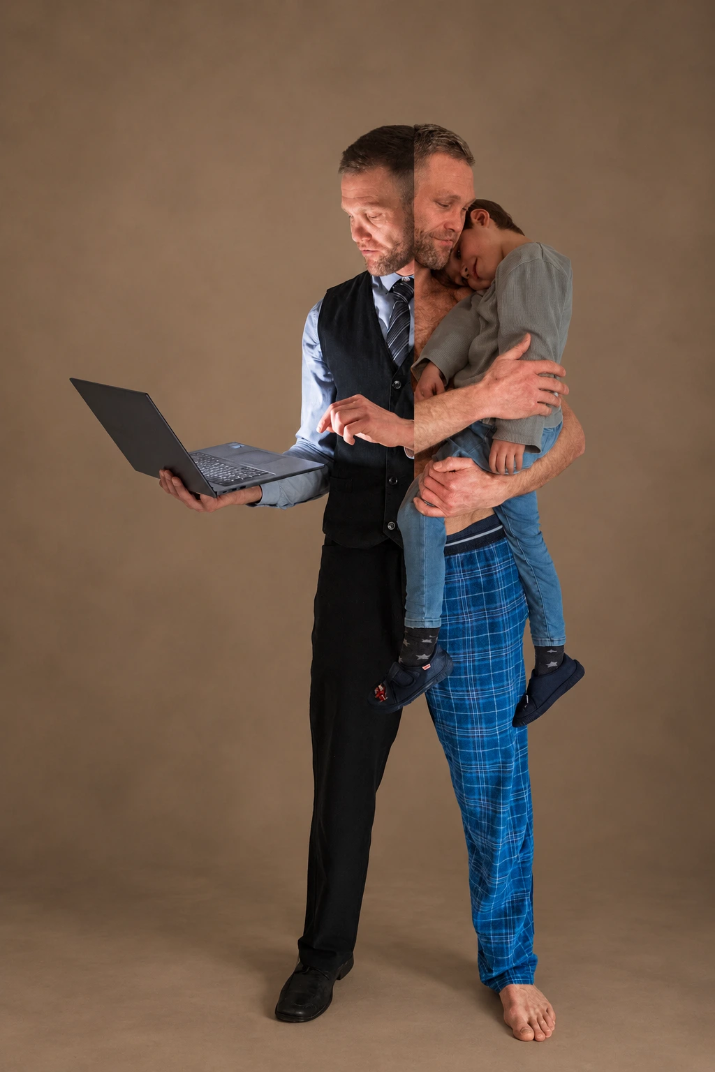 Daniel bei der Arbeit am Laptop und als Vater mit seinem Sohn
