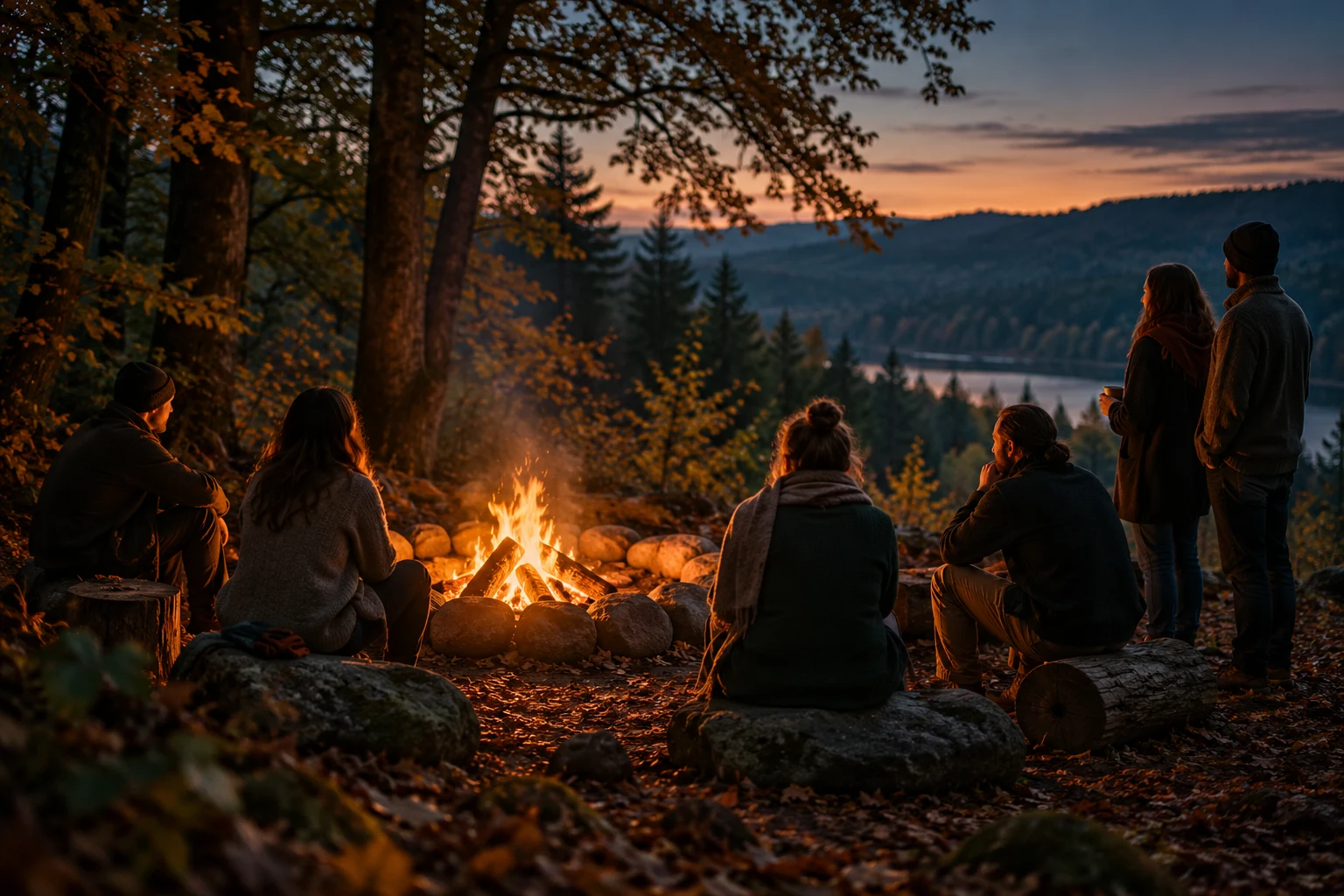 Atmosphärische Illustration einer Gemeinschaft am Feuer im Wald