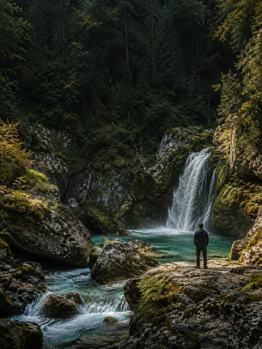 Motiv aus dem Retreat-Plakat: ein Mann vor einem türkisfarbenen Fluss und Wasserfall im Wald
